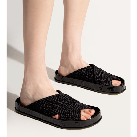 Fendi Black Criss Cross Woven Logo Mule Slide Slip On Flat Flip Flop Sandal 36.5 - Picture 5 of 12